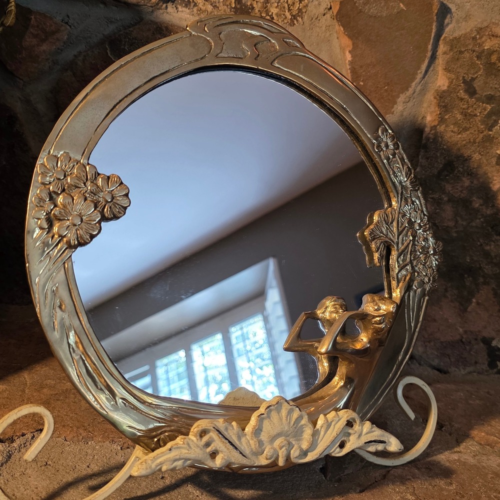 Gatco Vintage Art Nouveau Solid Brass Nymph Flower Round Mirror Vanity Tray 9.5" - Picture 4 of 11